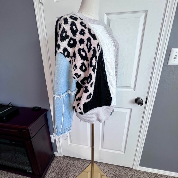 BiBi Mixed Media Patchwork Leopard Knit Sweater Denim Sleeves Asymmetrical Hem S - Picture 2 of 11